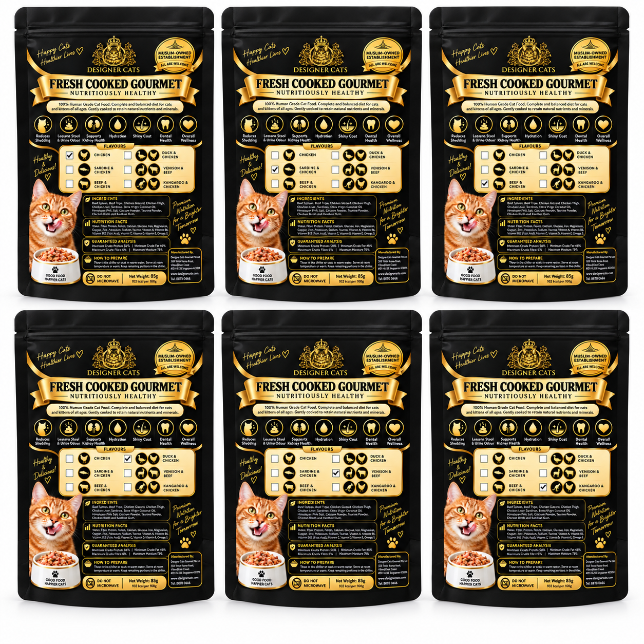 Designer Cats Cooked Gourmet Discovery Bundle 6 x 85g (510g) matte black pouches, packaging illustration, Singapore