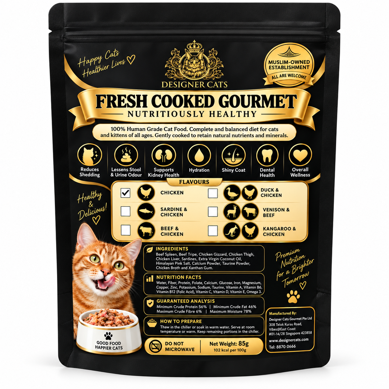Designer Cats Cooked Gourmet Chicken 85g matte black pouch, packaging illustration, Singapore