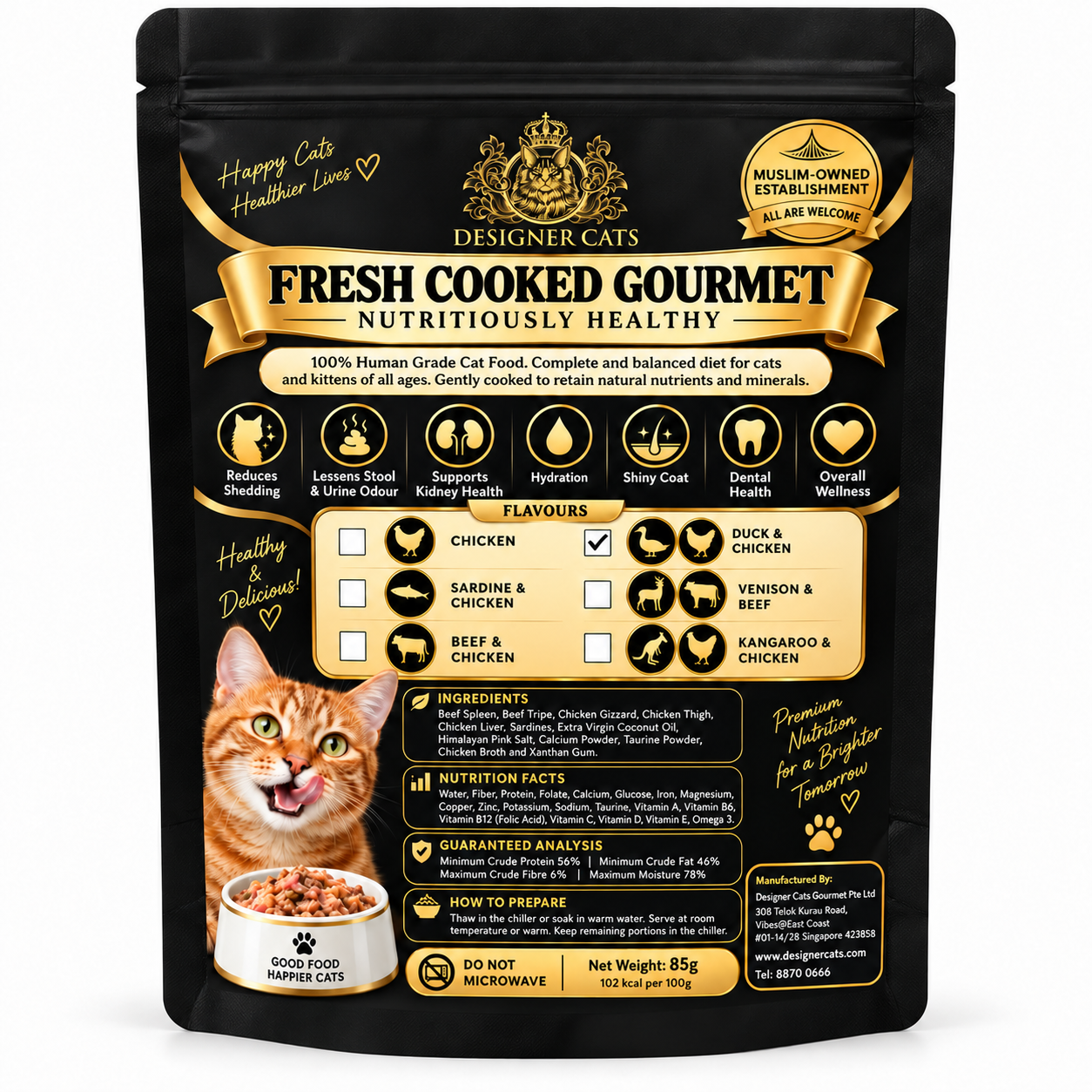 Designer Cats Cooked Gourmet Duck & Chicken 85g matte black pouch, packaging illustration, Singapore