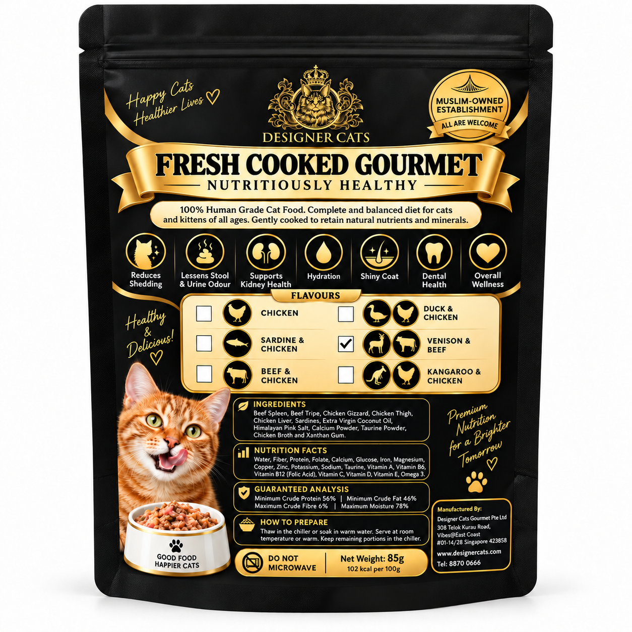 Designer Cats Cooked Gourmet Venison & Beef 85g matte black pouch, packaging illustration, Singapore