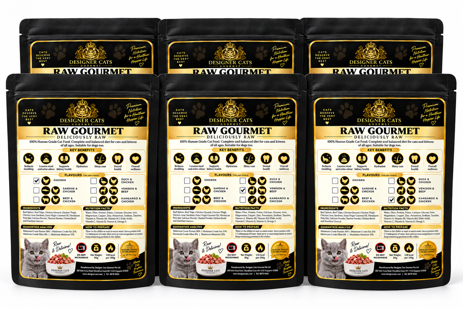 Designer Cats Raw Gourmet Discovery Bundle 6 x 85g (510g) matte black pouches, packaging illustration, Singapore