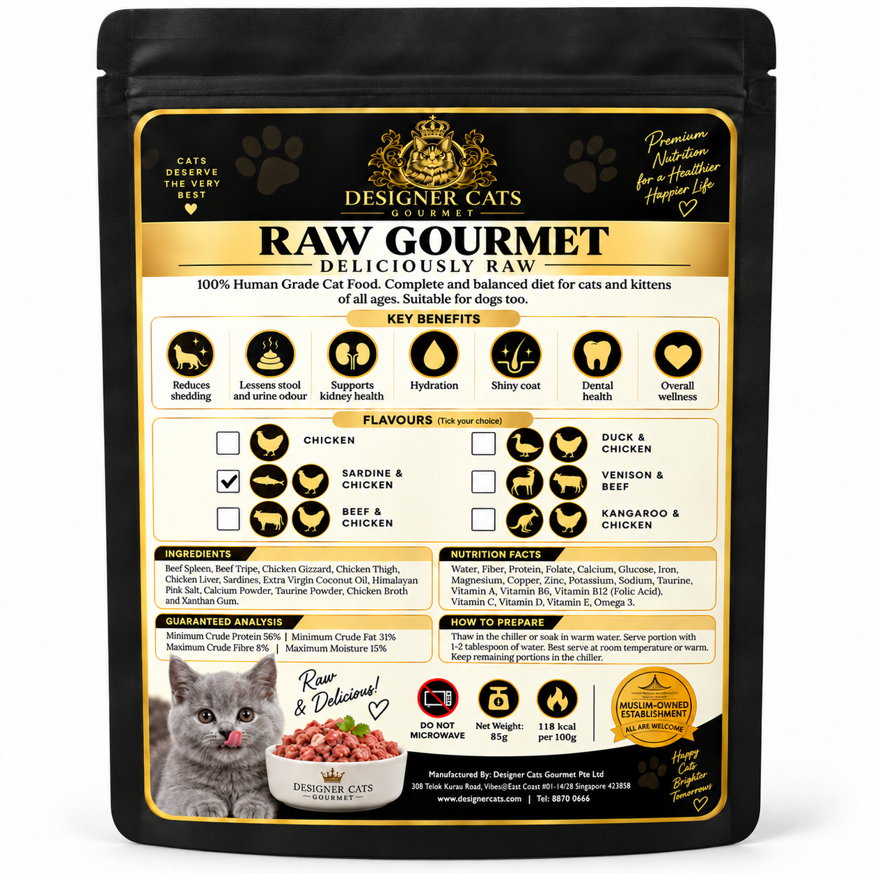 Designer Cats Raw Gourmet Sardine & Chicken 85g matte black pouch, packaging illustration, Singapore