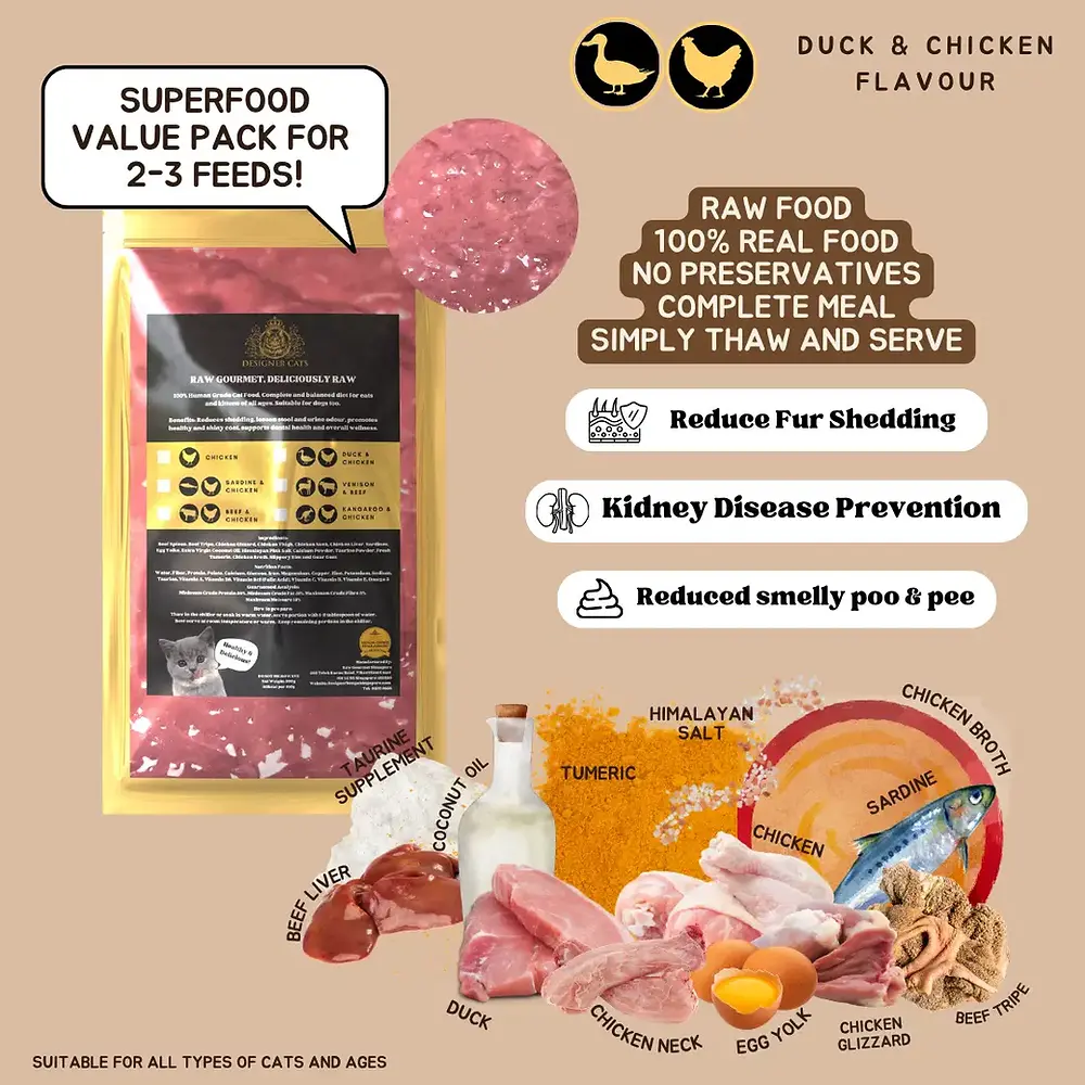 Raw cat food Singapore — Designer Cats Raw Gourmet duck and chicken 200gm pack