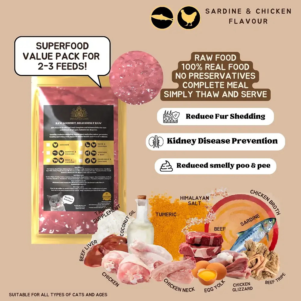 Raw cat food Singapore — Designer Cats Raw Gourmet sardine and chicken 200gm pack