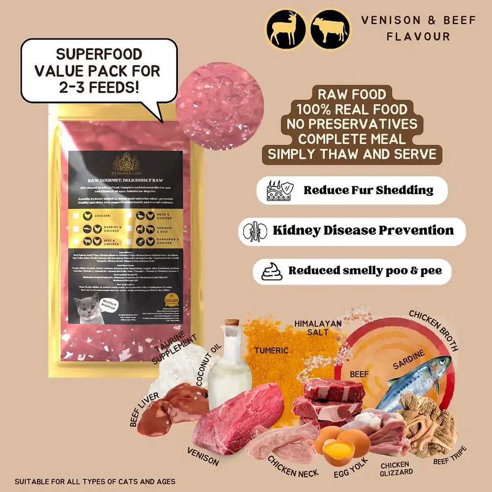 Raw cat food Singapore — Designer Cats Raw Gourmet venison and beef 200gm pack